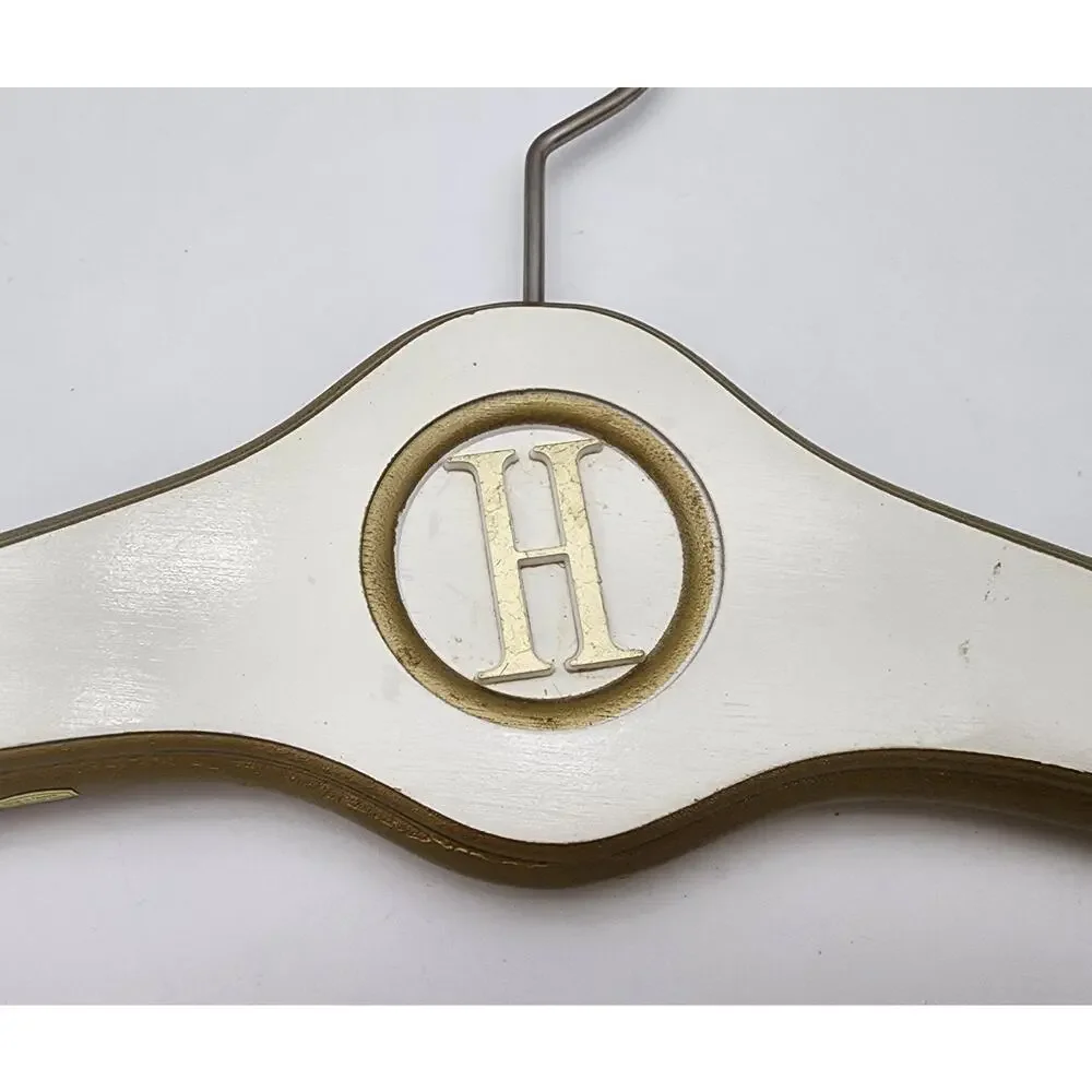 Vtg Lot of 6 Wood Coat Hangers White Gold Hollywood Regency Hotels 1950's